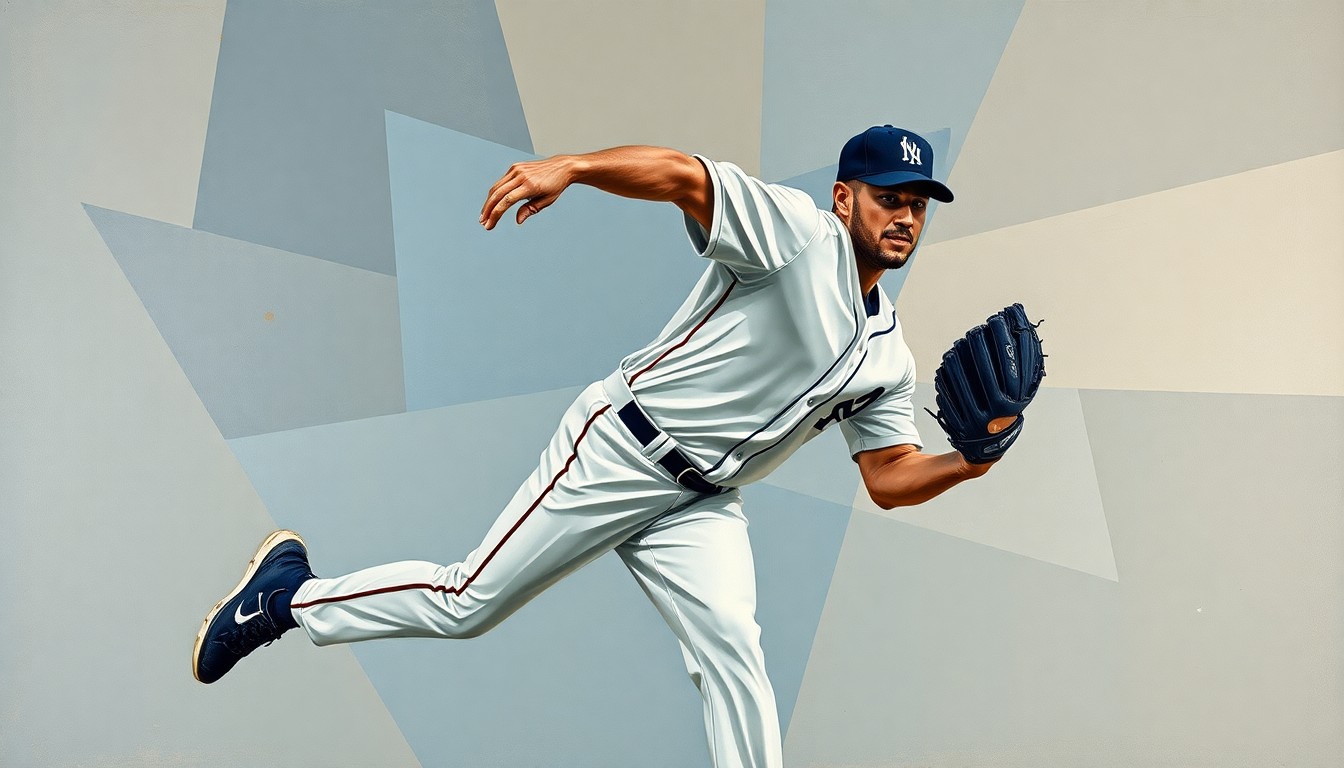A fragmented, geometric painting depicting a baseball pitcher's throwing motion broken down into sharp, overlapping planes of muted colors, conceptually representing the physical toll and risk of injury in the sport.