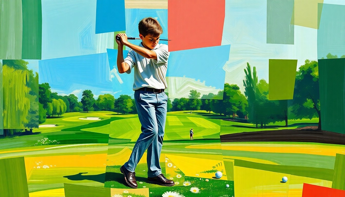 A fractured, multi-perspective painting depicting a young golfer's swing and putting motion, broken down into sharp, overlapping geometric planes in vibrant greens, blues, and browns.
