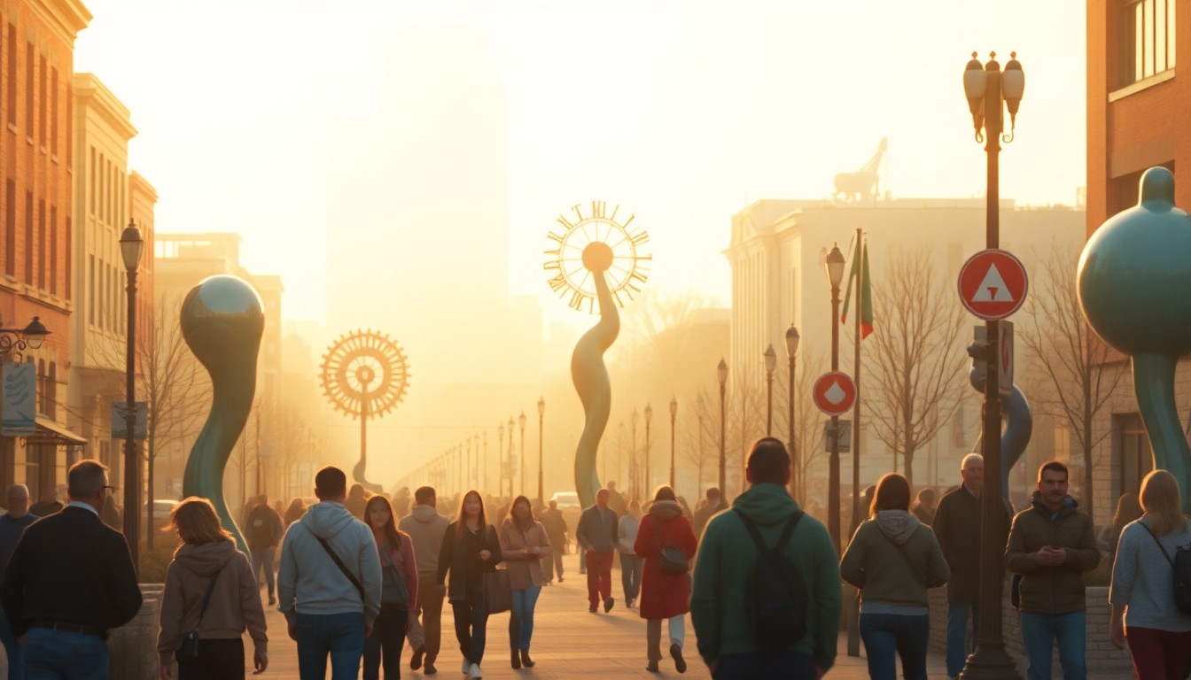 A blurred, impressionistic photograph of people engaging with sculptures, murals, and other public art pieces in a downtown setting, conveying the mood and energy of Sioux Falls' artistic community.