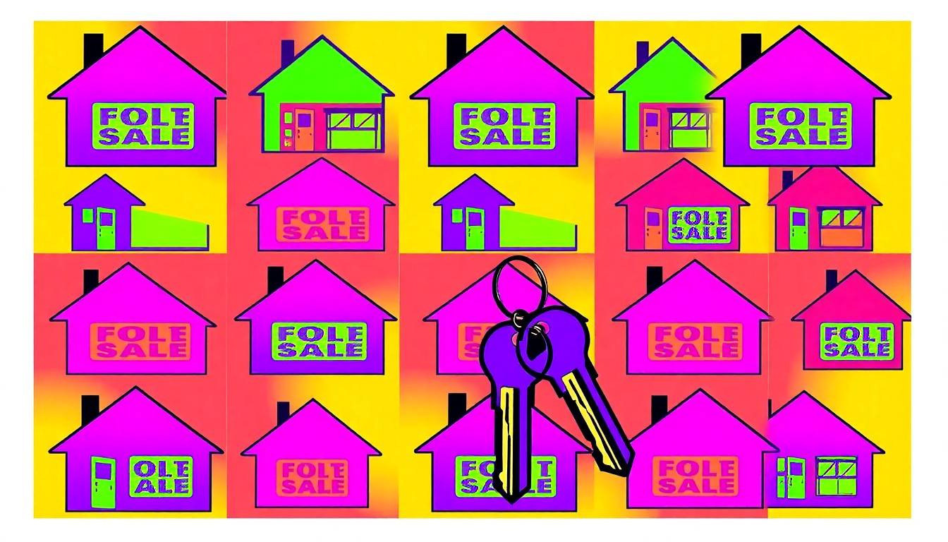 A brightly colored, high-contrast silkscreen print of a set of house keys repeated in a tight grid pattern, conceptually representing the complexities of housing policy and zoning regulations.