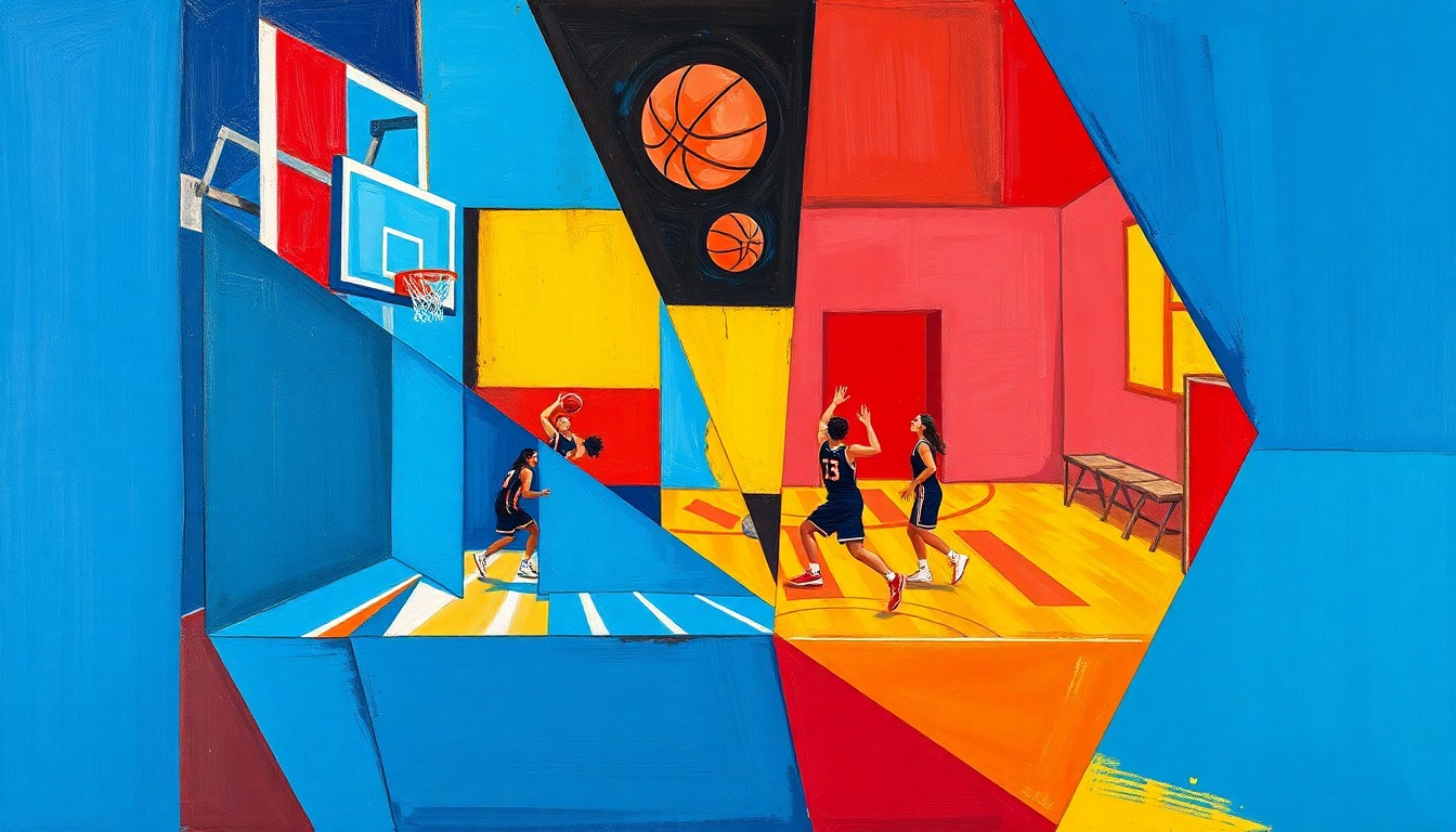 A cubist-style painting featuring fragmented, geometric shapes in blue, red, and yellow, conceptually representing the dynamic action and energy of a girls' basketball game.