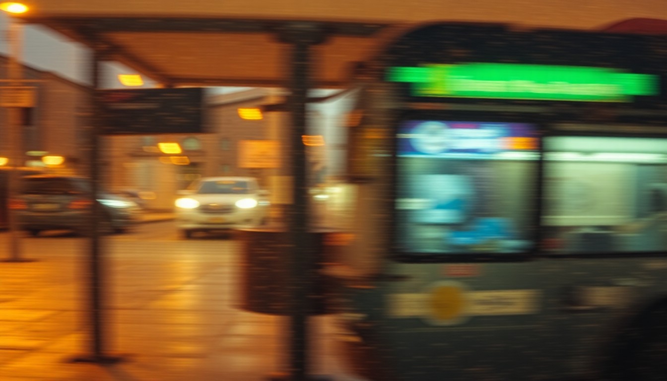 An extremely abstracted, out-of-focus photograph shot through condensation or rain-streaked glass, depicting a blurred, warm-toned scene of a public transit bus stop or paratransit vehicle, conveying a sense of isolation and disconnection.