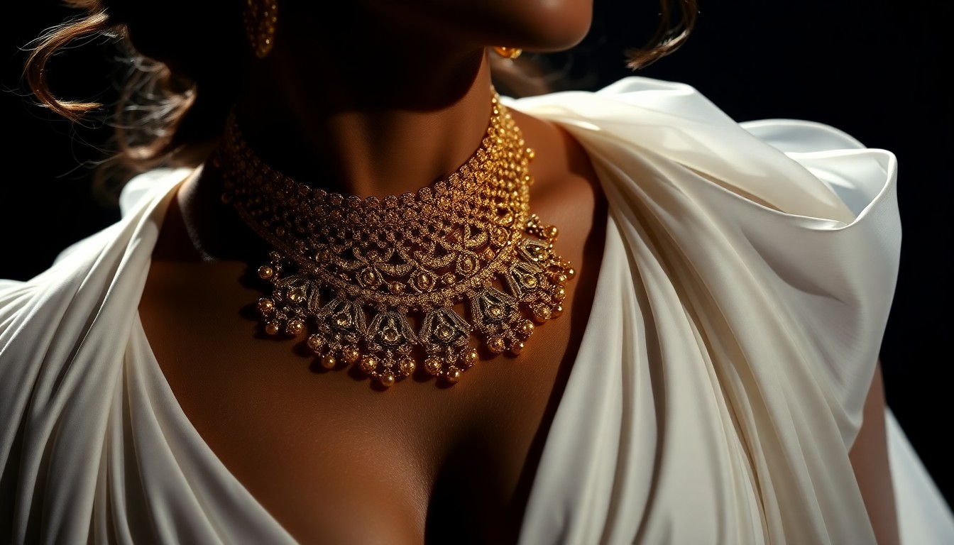 An extreme close-up photograph of a gold necklace and flowing white fabric, capturing the luxurious textures and high-fashion glamour of Alexia Jayy's 'The Voice' finale performance.