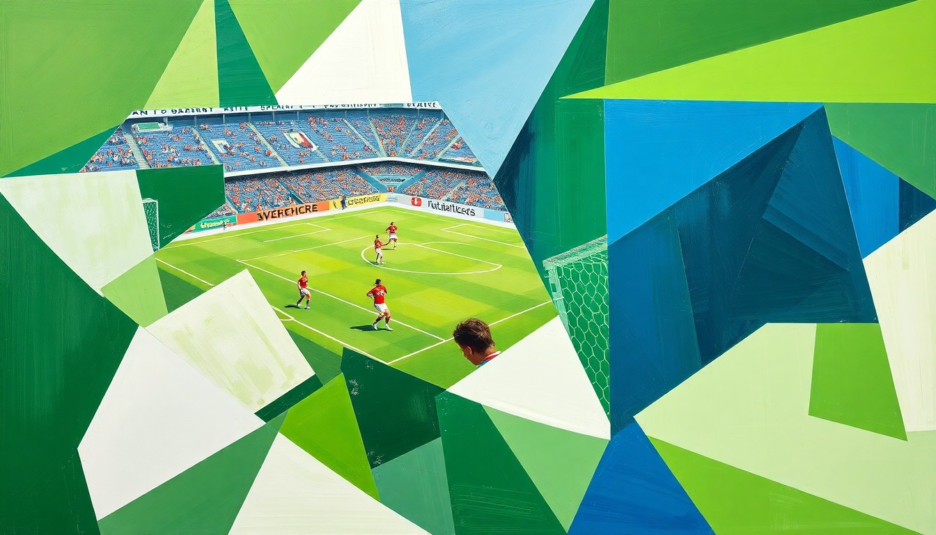 A cubist, geometric painting depicting a fragmented women's soccer match, with overlapping planes of green, white, and blue representing the field, players, and ball.