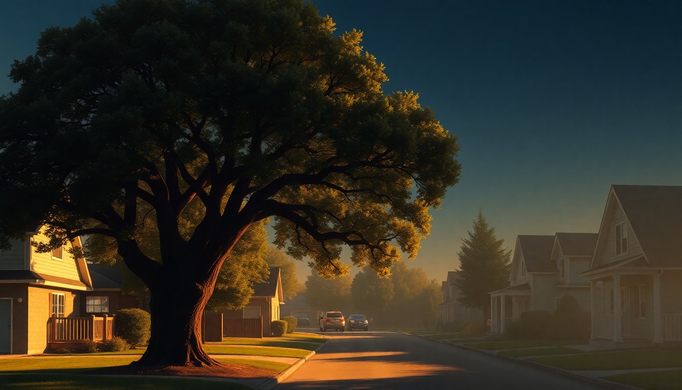 A serene, cinematic painting of a lone oak tree in a residential neighborhood, its branches casting deep shadows across the sun-dappled street, conveying a sense of tranquility and concern over the potential loss of the area's natural character.
