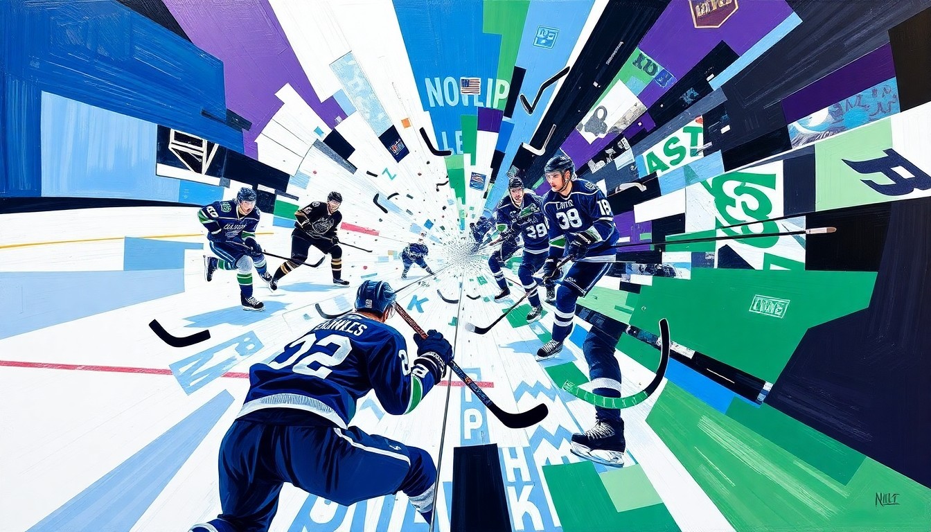 A fragmented, geometric painting in bold, clashing colors that deconstructs a hockey game into sharp, overlapping planes, conveying the dynamic action and intensity of the overtime matchup.