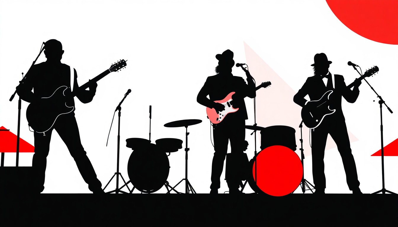 A graphic illustration featuring bold, jagged black silhouettes of musicians on a stage, set against a backdrop of striking red and white geometric shapes, conceptually representing a lively rockabilly performance on the beach.