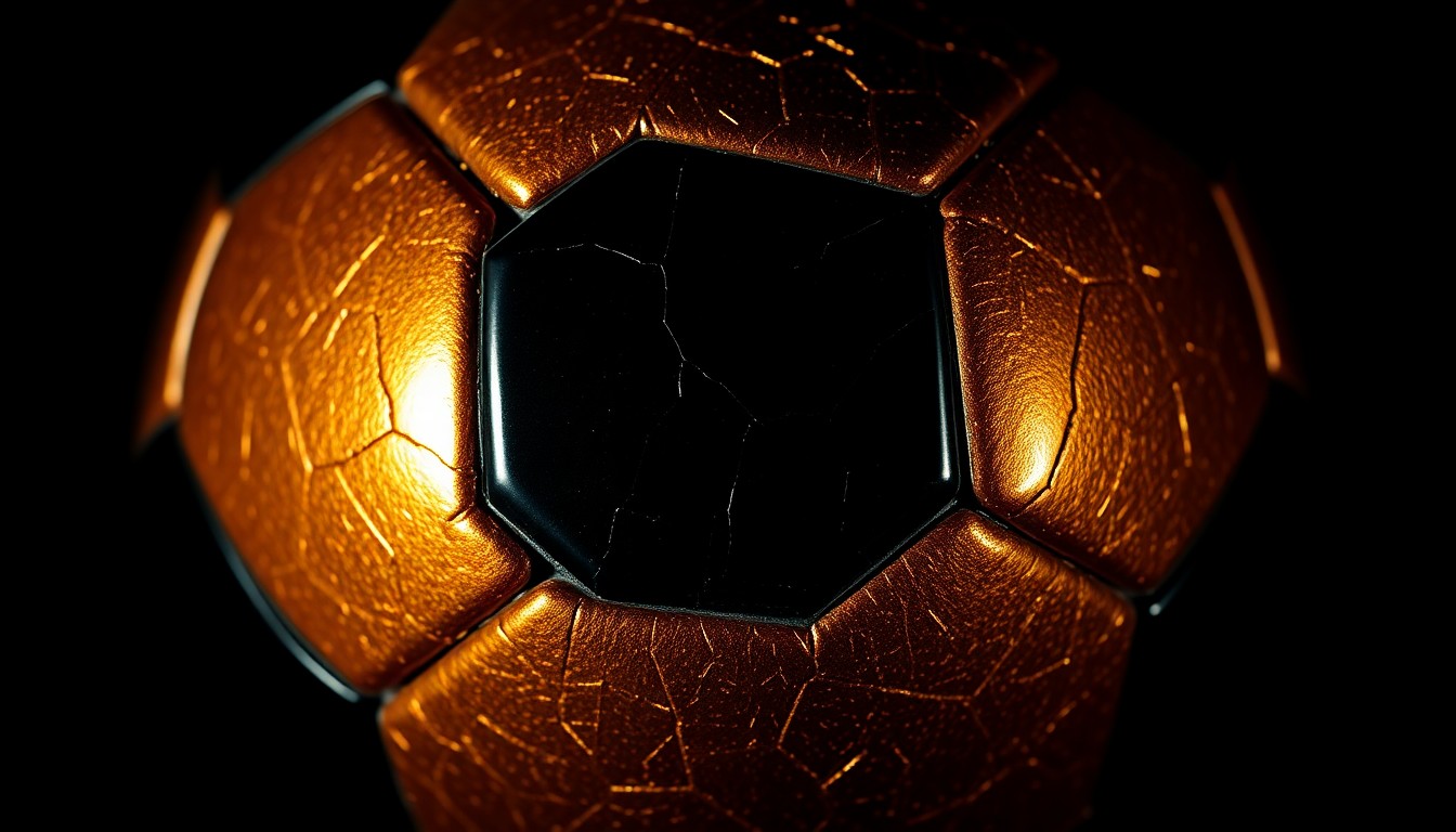 An extreme close-up photograph of a cracked, shimmering soccer ball in high-contrast studio lighting, capturing the luxurious, glamorous textures of a premium sports product.