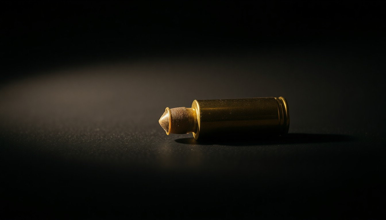 An extreme close-up photograph of a single spent bullet casing on a dark surface, lit by a harsh, direct camera flash, conceptually representing the aftermath of a deadly domestic violence incident.