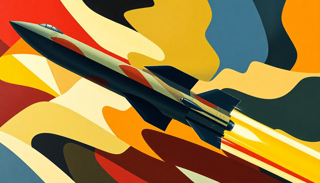 A dynamic, abstract painting featuring overlapping geometric shapes and fractured lines in shades of red, orange, and blue, conveying a sense of motion and conflict.