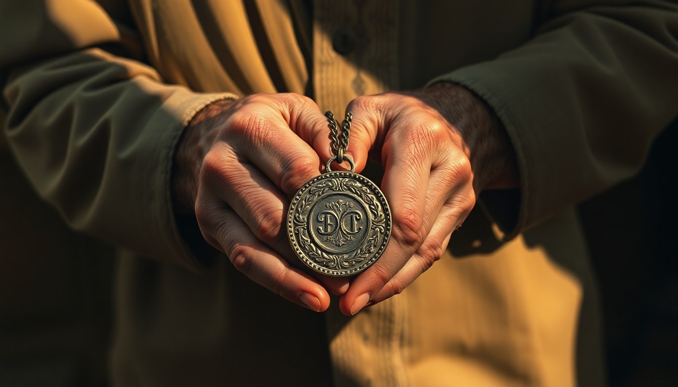 An extreme close-up of an elderly man's hands holding an ornate medal, with the hands and medal bathed in warm, golden light and surrounded by deep shadows, conceptually representing the reverence and significance of this prestigious award.