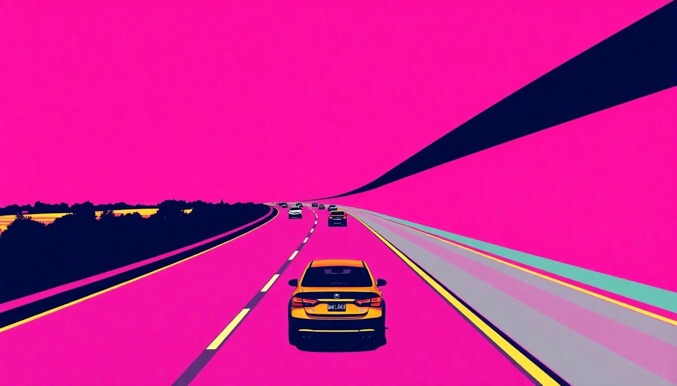 A brightly colored, high-contrast silkscreen print of a single, iconic image of a car on a highway, repeated in a tight grid pattern, conceptually representing the disruption and visual chaos of the upcoming I-41 construction project in Milwaukee.
