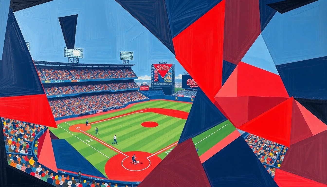 A cubist, geometric painting featuring sharp, overlapping planes of navy blue and red, conceptually representing the dynamic action and energy of an Ole Miss baseball game.