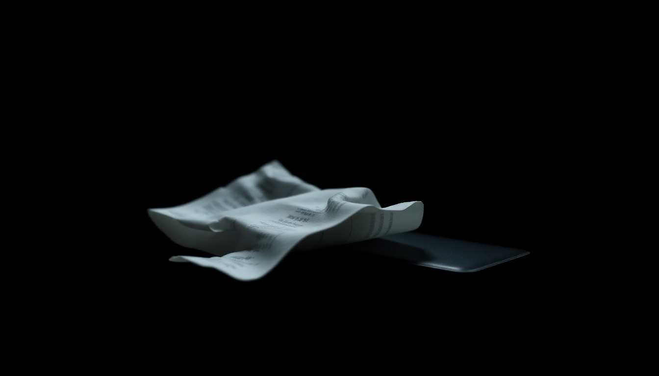 An extreme close-up photograph of a crumpled receipt or discarded wallet, the harsh lighting and stark black background creating a gritty, investigative mood around the aftermath of a property crime or financial fraud.