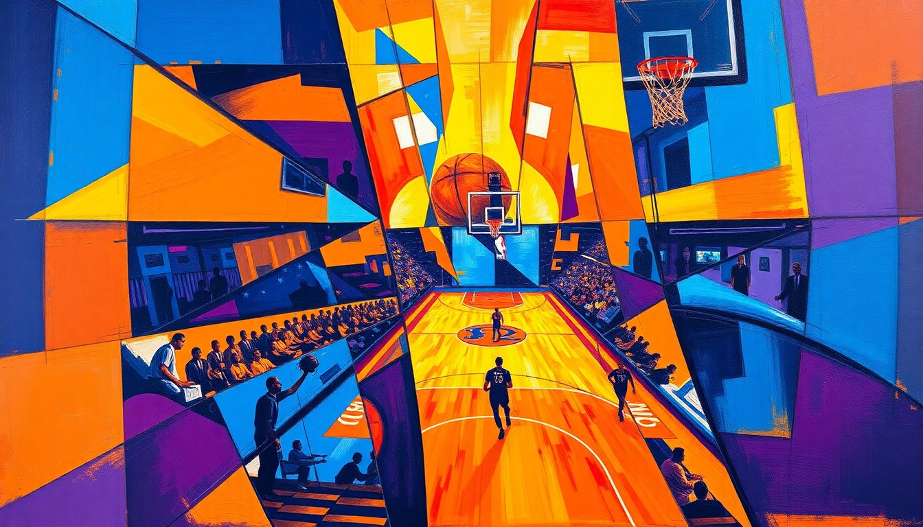 A fractured, cubist-style painting depicting the intense action of an NBA basketball game, with players and the court broken down into sharp, overlapping geometric shapes in vibrant colors.