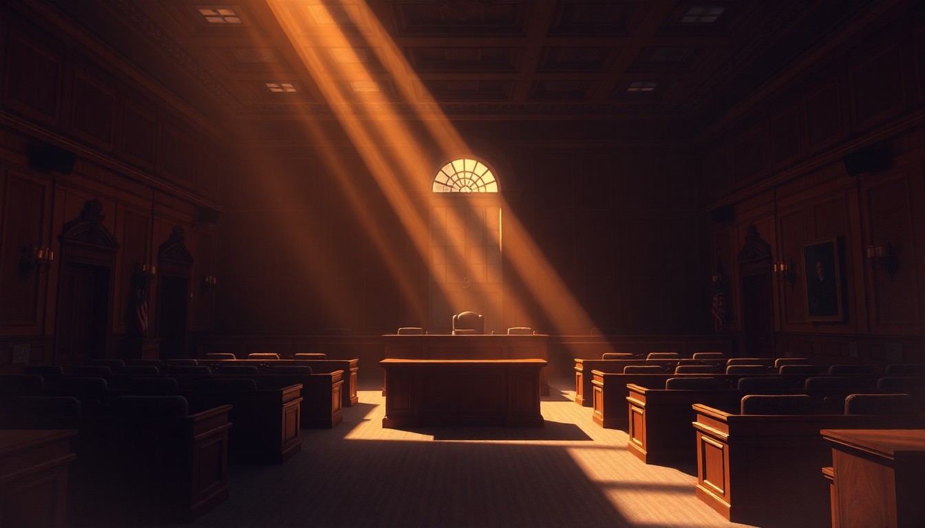 A dimly lit, cinematic painting of an empty congressional hearing room, with warm sunlight streaming in through the windows and casting deep shadows across the empty chairs and desks, conveying a sense of the gravity and solemnity of the House's disciplinary proceedings.