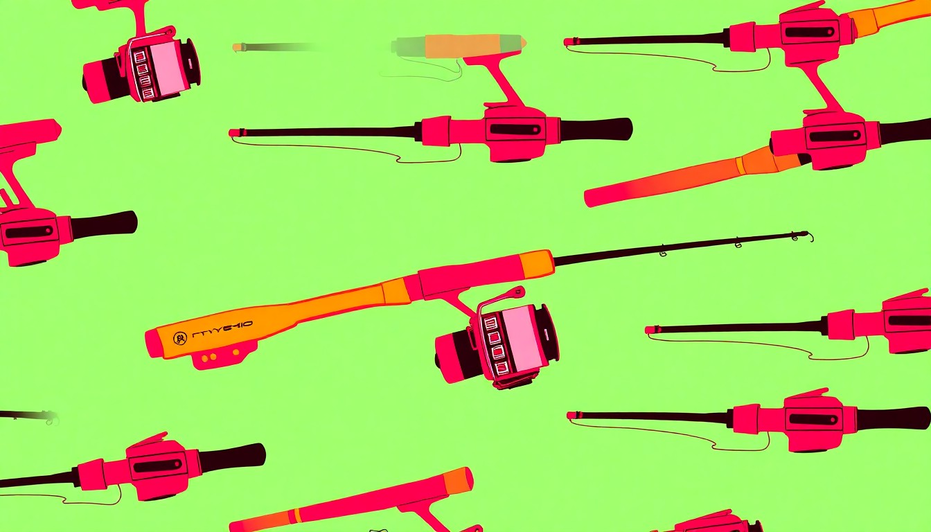 A bold, colorful silkscreen-style illustration featuring a repeated pattern of a fishing rod and reel in neon shades of blue, green, and orange, conceptually representing the outdoor activities and public access preserved by the Tuckertown Reservoir conservation effort.