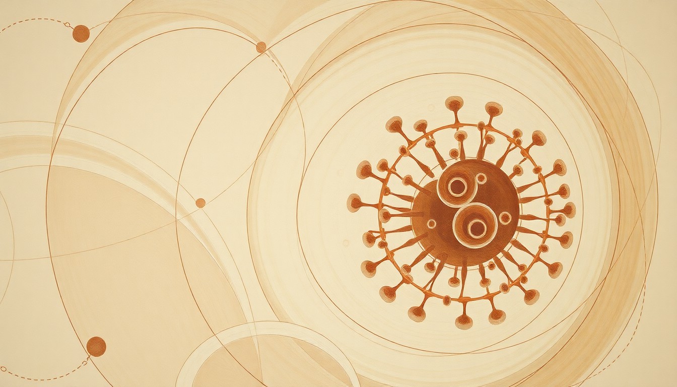 A highly textured, abstract painting in soft earth tones featuring sweeping geometric shapes and precise botanical spirals, conceptually representing the complex molecular structures and interactions of viruses.