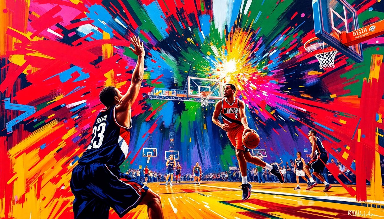 An abstract, expressionist painting using vibrant neon colors and rapid brushstrokes to depict the intense final moments of an NBA basketball game, with players' figures dissolving into the energetic movement of the action.