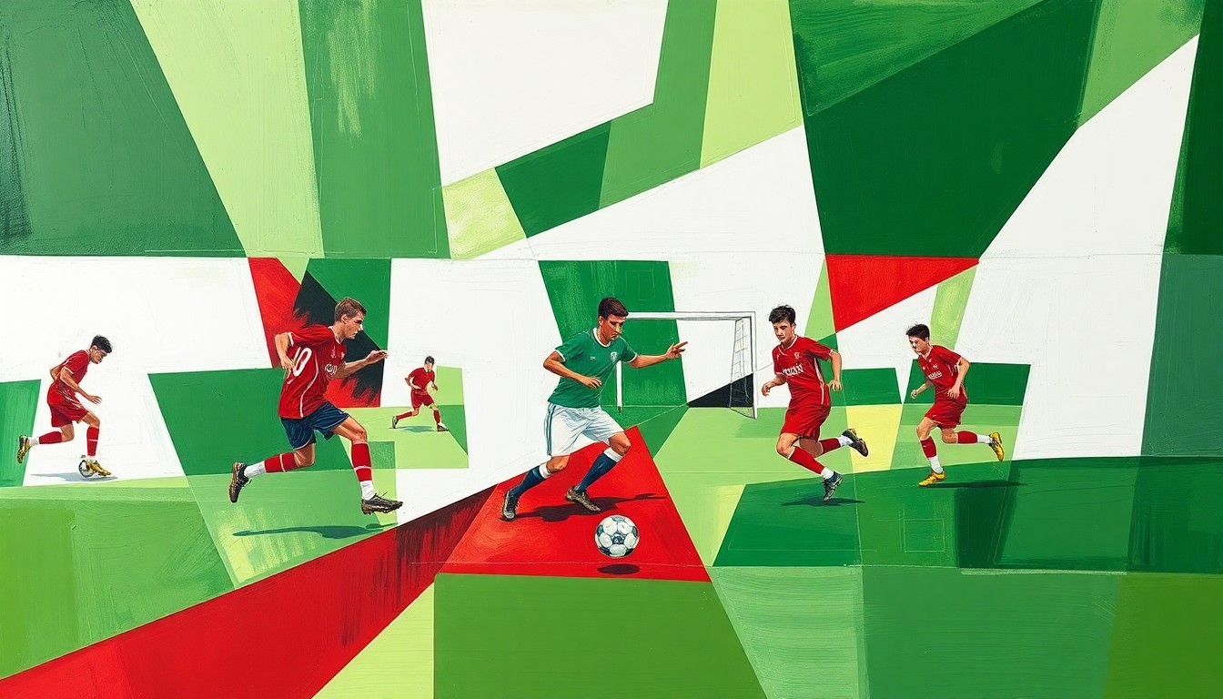 A cubist, geometric painting depicting the dynamic action of a high school soccer match, with overlapping planes of green, white, and red conveying the intensity of the game.
