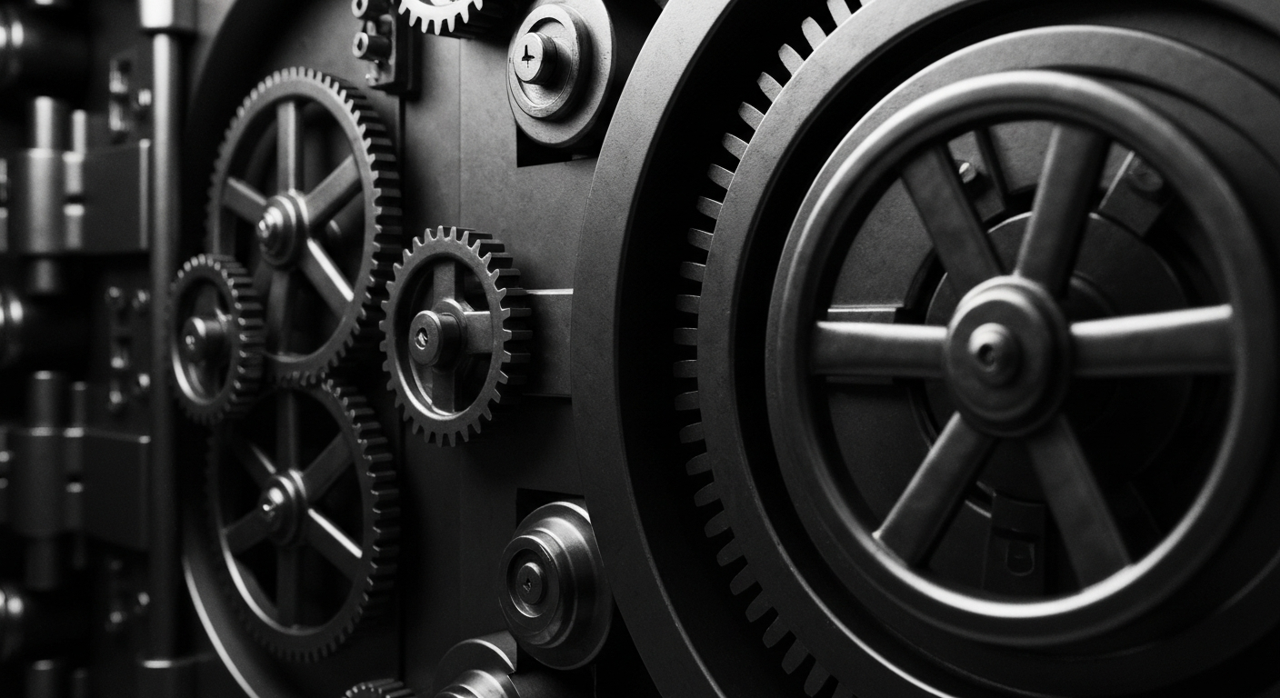 An extreme close-up of the heavy, industrial mechanisms and gears of a bank vault, conveying the secure and reliable nature of the regional financial institution.
