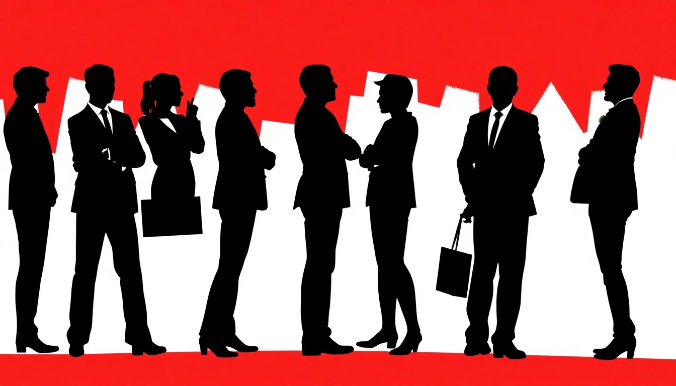 An abstract, minimalist composition of jagged black silhouettes and bold red and white shapes, conceptually representing the divisive tensions and workplace dynamics surrounding a news director's firing.