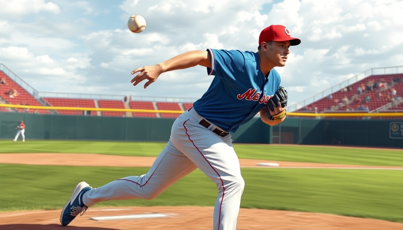 A realistic illustration of a baseball player in mid-pitch motion, with the ball blurred in a fast motion, set against a background of a baseball diamond and stadium seating.