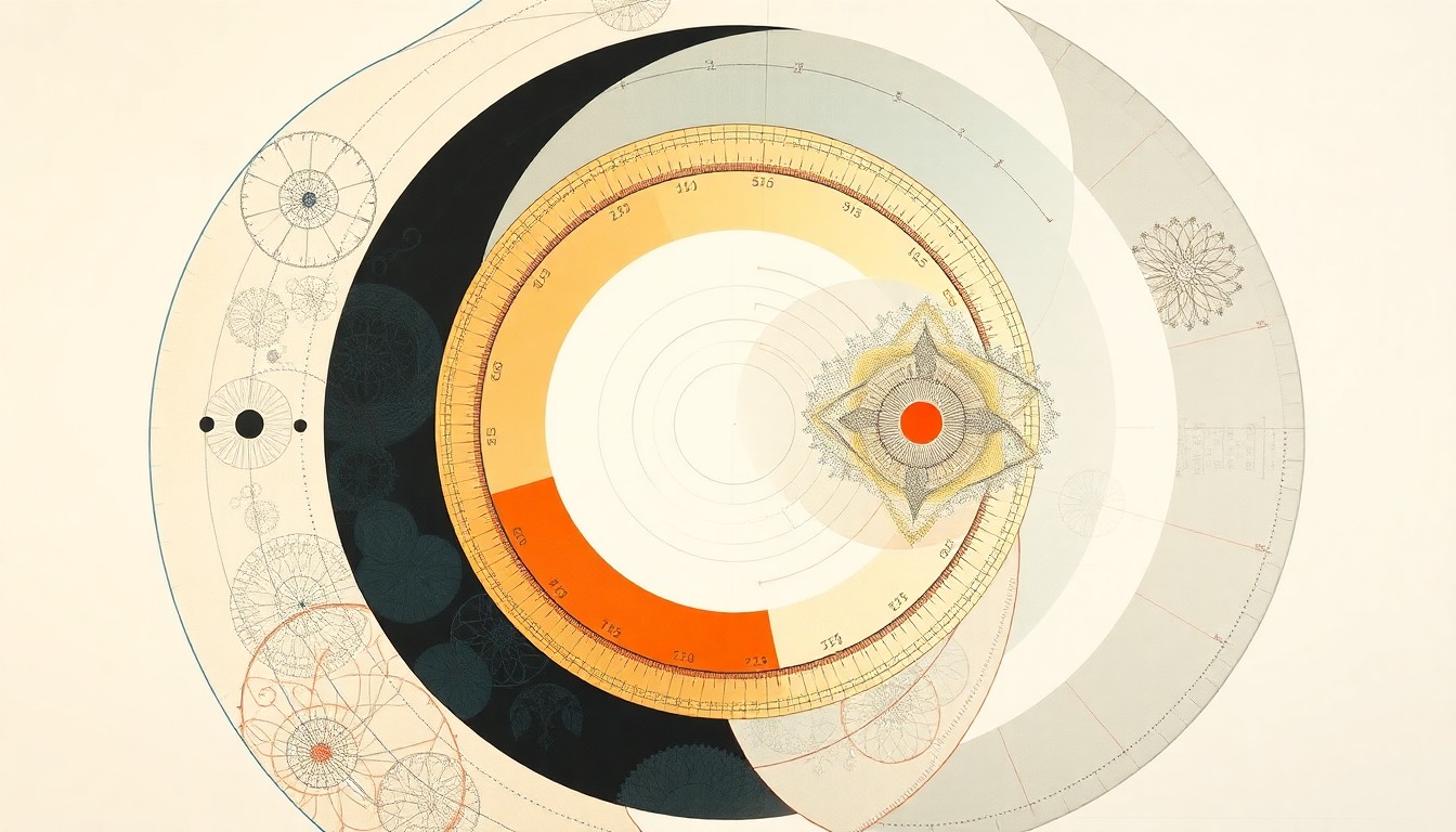 A highly structured abstract painting in muted tones of blue, green, and gray, featuring sweeping geometric arcs, concentric circles, and precise botanical spirals, conceptually representing the integrated automation and efficiency of the PrepQuant System's sample preparation workflow.