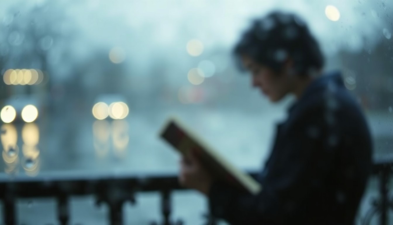 An extremely blurred, out-of-focus photograph in muted blues, greens, and grays, depicting a hazy, dreamlike scene of a person reading a book on a rainy day, conveying a sense of quiet contemplation.