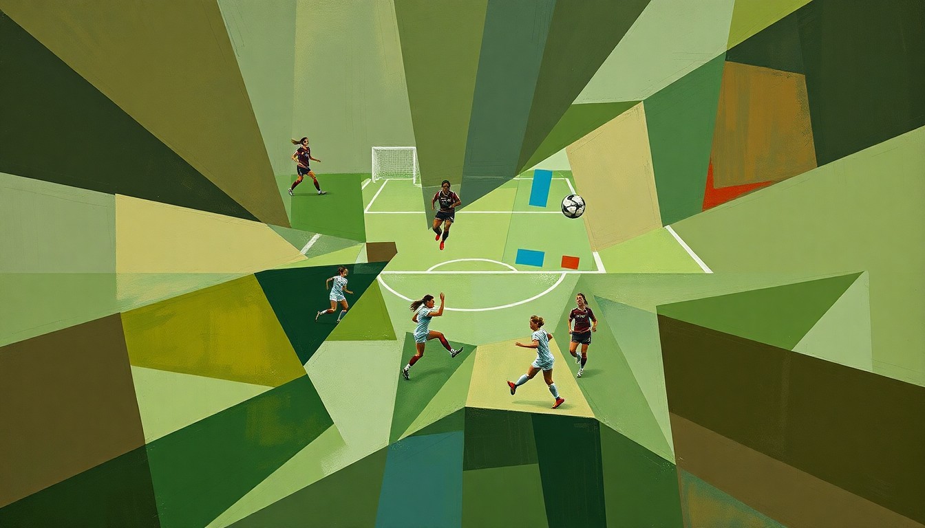 A fragmented, geometric painting depicting a soccer match, with overlapping planes of muted earth tones and flashes of color, conceptually representing the USWNT's tactical challenges in their loss to Japan.