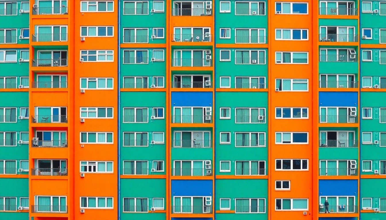 A brightly colored, high-contrast silkscreen print of a modern apartment building facade in vibrant shades of blue, green, and orange, repeated in a tight grid pattern, capturing the spirit of affordable housing development in downtown San Antonio.