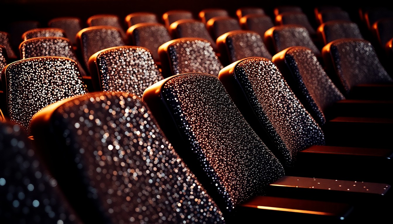 An extreme close-up photograph of plush, glittering movie theater seats illuminated by dramatic studio lighting, capturing the luxurious textures and high-fashion aesthetic of the entertainment industry.