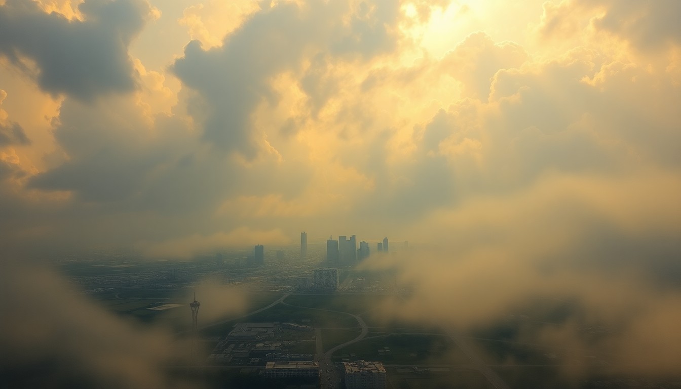 A sweeping, majestic landscape painting in muted tones of gray, blue, and green, depicting the skyline of Daytona Beach shrouded in a heavy, atmospheric haze that dwarfs the city's buildings and structures, conveying a sense of the overwhelming scale and power of the natural environment.