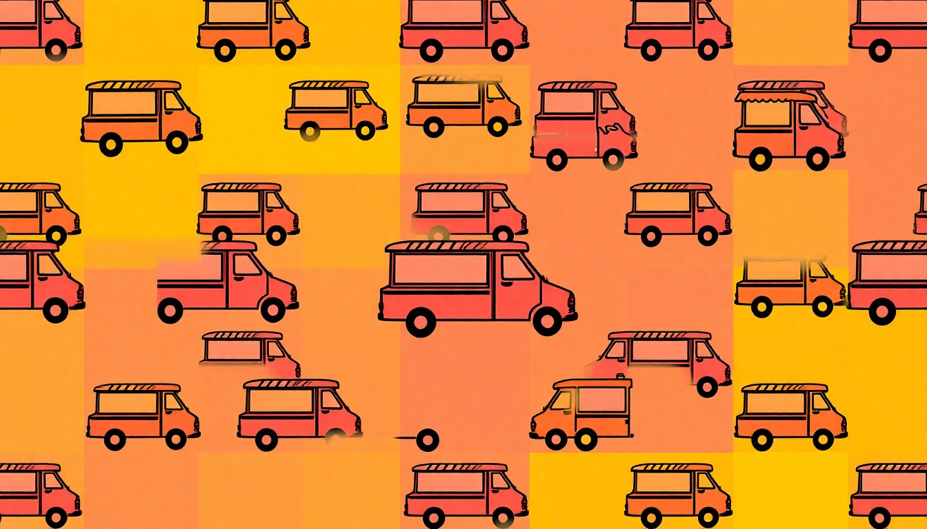A bold, colorful silkscreen-style illustration featuring a repeated icon of a food truck, rendered in a striking neon color palette and high-contrast black outlines, capturing the energy and diversity of the mobile food scene in Kissimmee.