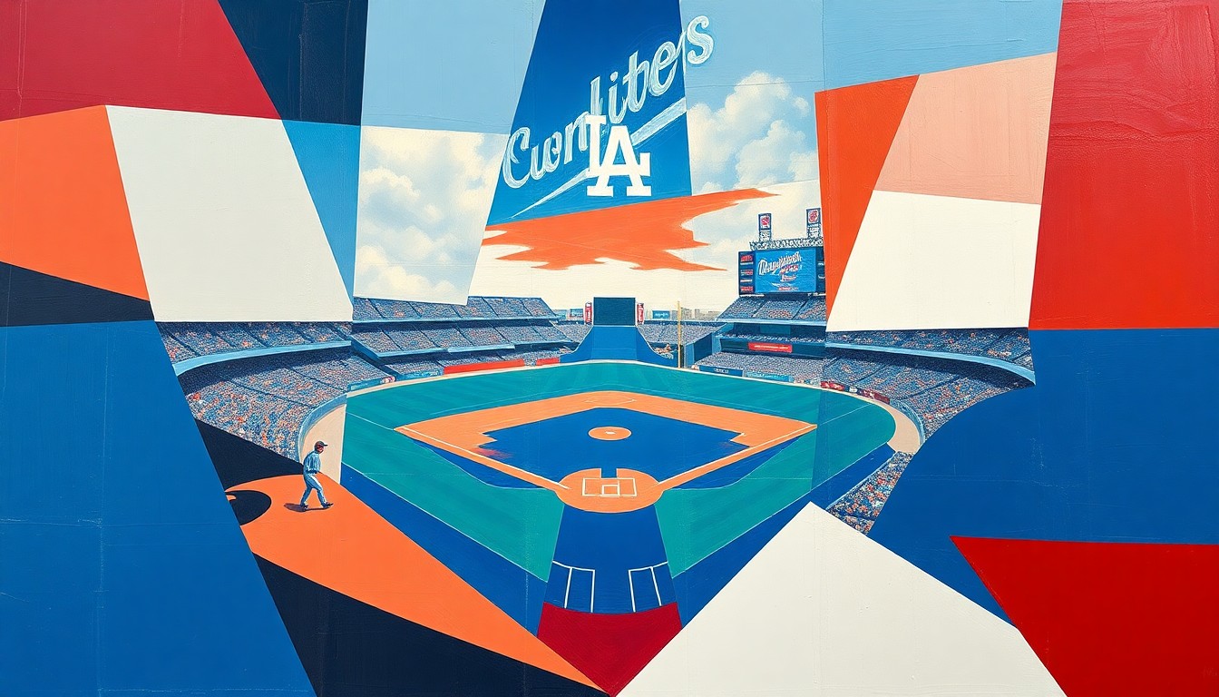 A fragmented, geometric painting in blue, red, and white tones, depicting the action and movement of a baseball game or match in an abstract, deconstructed style.