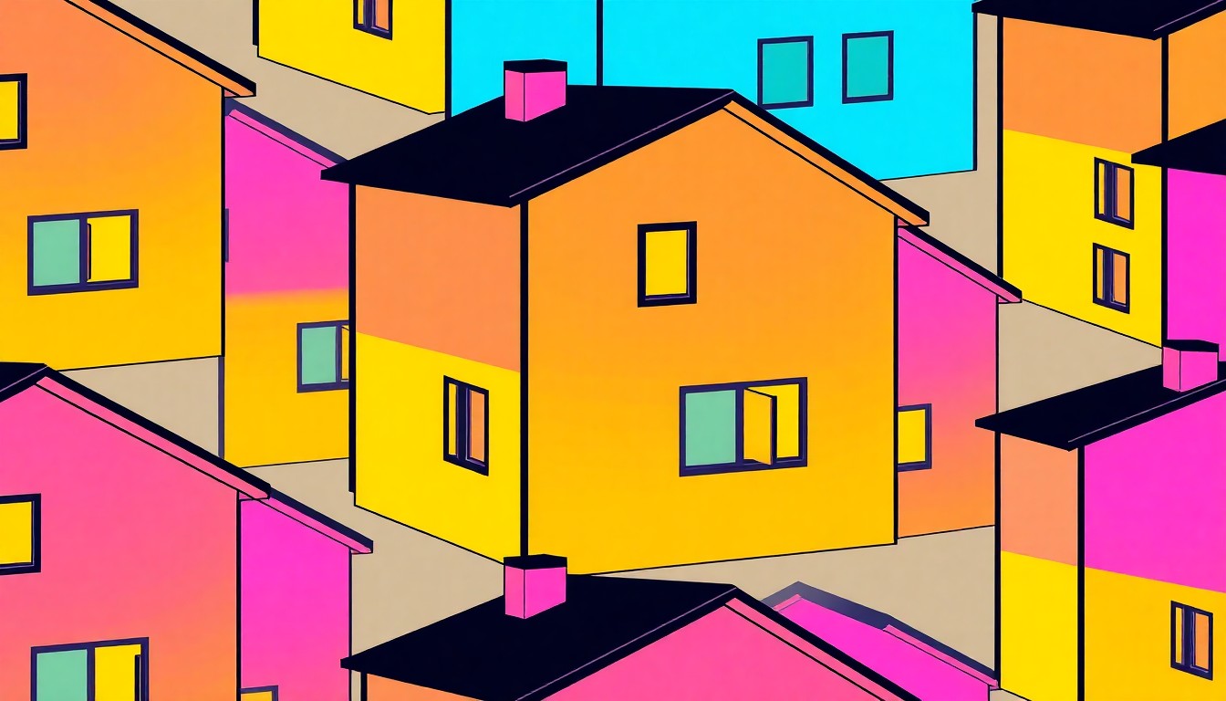 A visually striking, abstract grid of brightly colored 3D-printed home models, conceptually representing McKinney's efforts to find creative solutions to its affordable housing challenges.