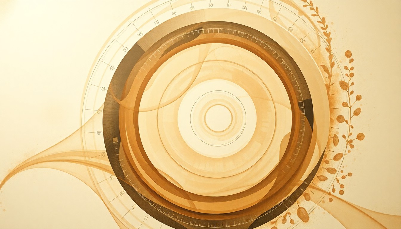 A bold, abstract painting in soft earth tones featuring sweeping geometric arcs, concentric circles, and precise botanical spirals, conceptually representing the complex scientific principles behind MIT's breakthrough glucose monitoring innovation.