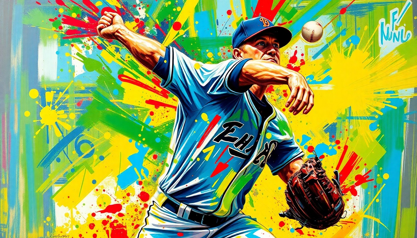 An abstract, energetic painting featuring bold brushstrokes in neon colors, capturing the dynamic motion and power of a baseball pitcher in action.