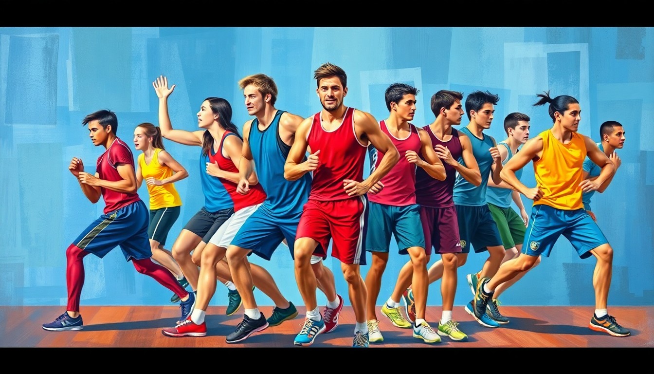 A cubist-style painting depicting a group of young people engaged in various sports and fitness activities, their forms broken down into sharp, overlapping geometric shapes in a vibrant color palette, capturing the energy and dynamism of the event.