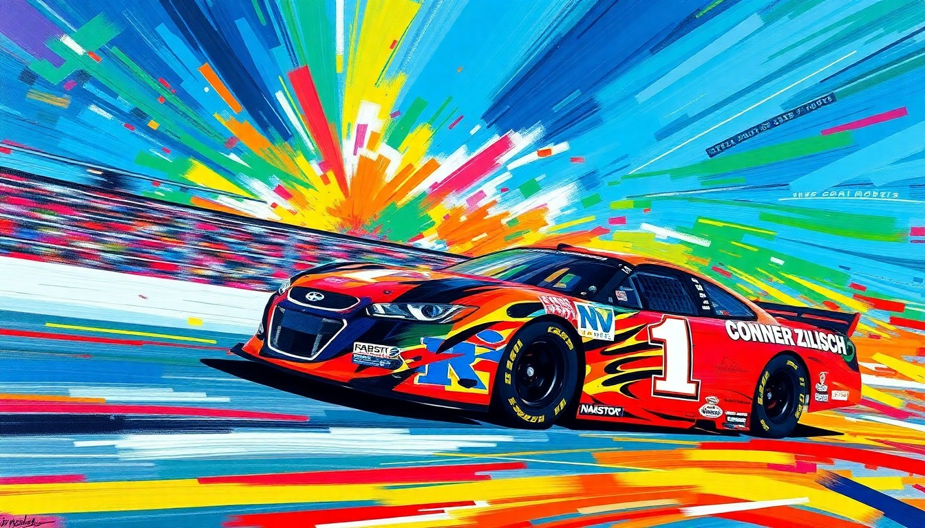 An abstract, expressionist painting in neon colors depicting the blurred motion and energy of a NASCAR race, with the No. 1 car of driver Connor Zilisch as the central focus.