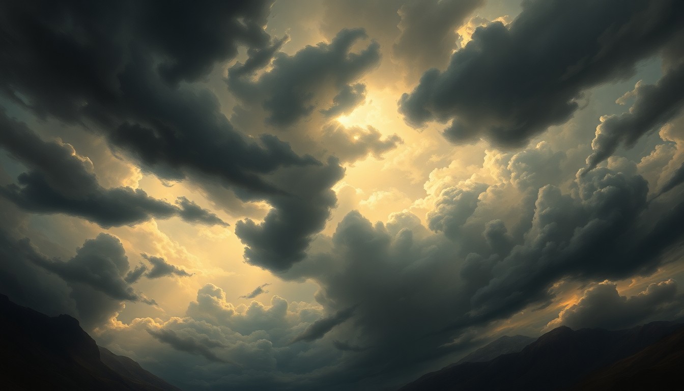 A vast, atmospheric landscape painting depicting a stormy, turbulent sky filled with dark, swirling clouds and dramatic rays of light breaking through, conveying the overwhelming, sublime scale of a severe weather event.