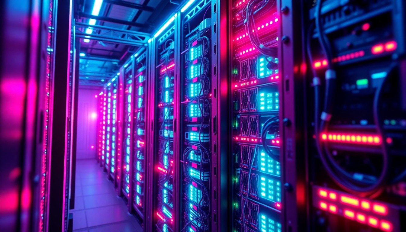 A highly detailed, glowing 3D macro illustration of a futuristic data server rack, with neon cyan and magenta lights illuminating the intricate network of cables, circuit boards, and cooling systems, conceptually representing the technological complexity and scale of modern data infrastructure.