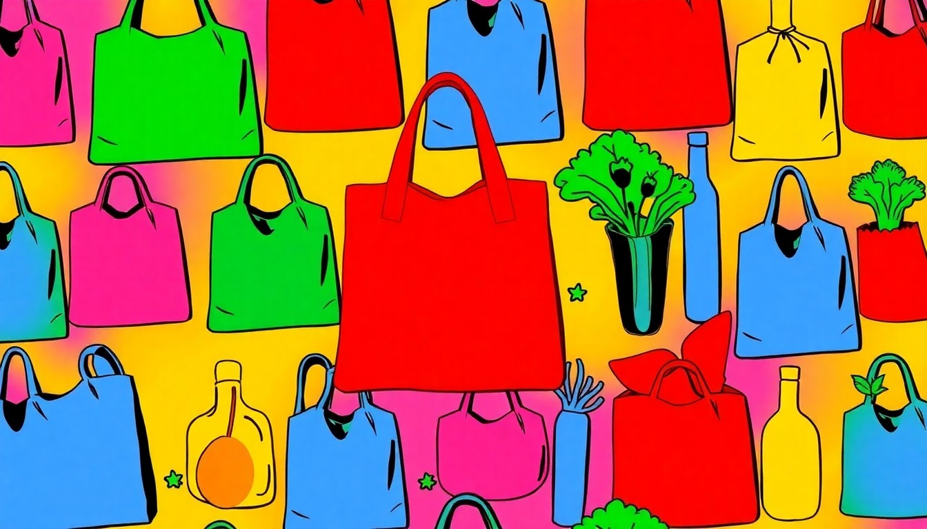 A brightly colored, high-contrast silkscreen print of a reusable grocery bag in a tight grid pattern, conceptually representing the community-focused mission and values-driven retail of Rainbow Grocery.