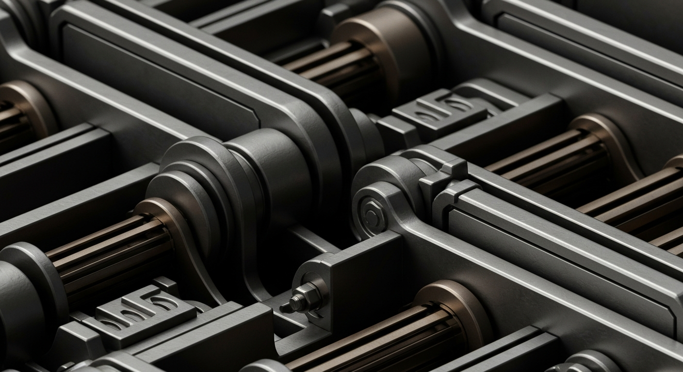 An extreme close-up of complex, interlocking gears and mechanisms in a banking vault, conveying the heavy, industrial nature of financial infrastructure and institutions.