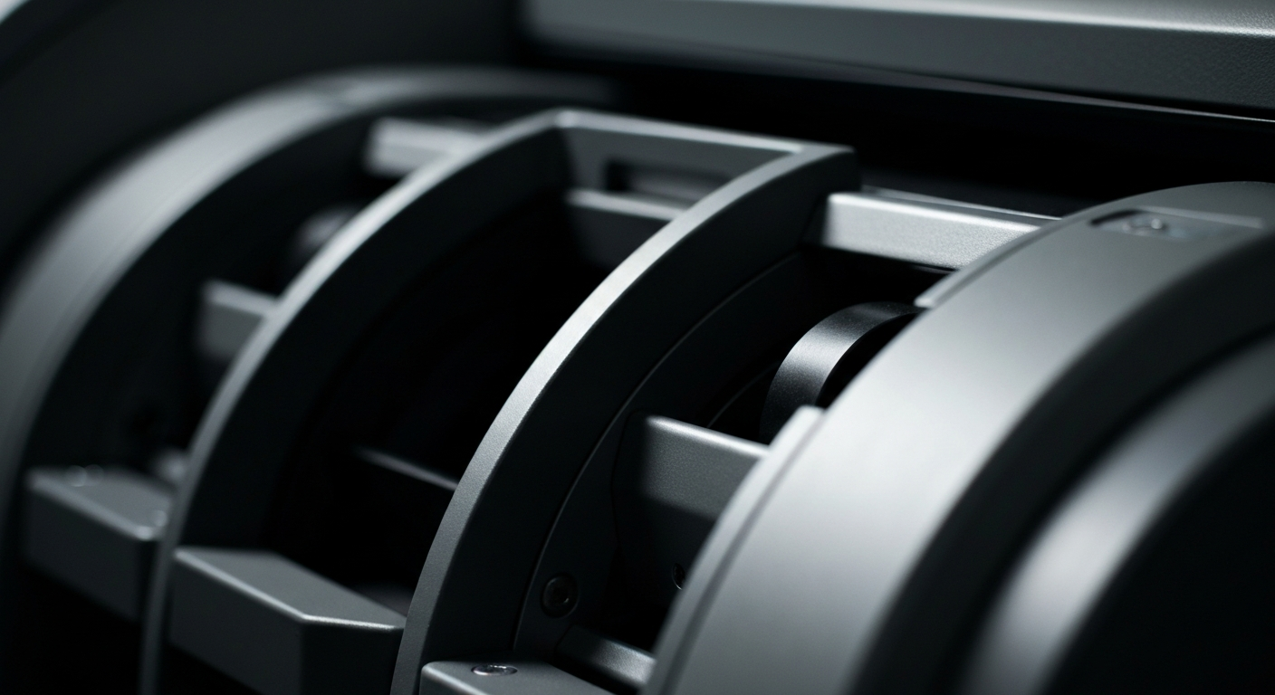 An extreme close-up of heavy, industrial banking equipment and machinery, conveying a sense of financial security and institutional power without using literal currency or charts.