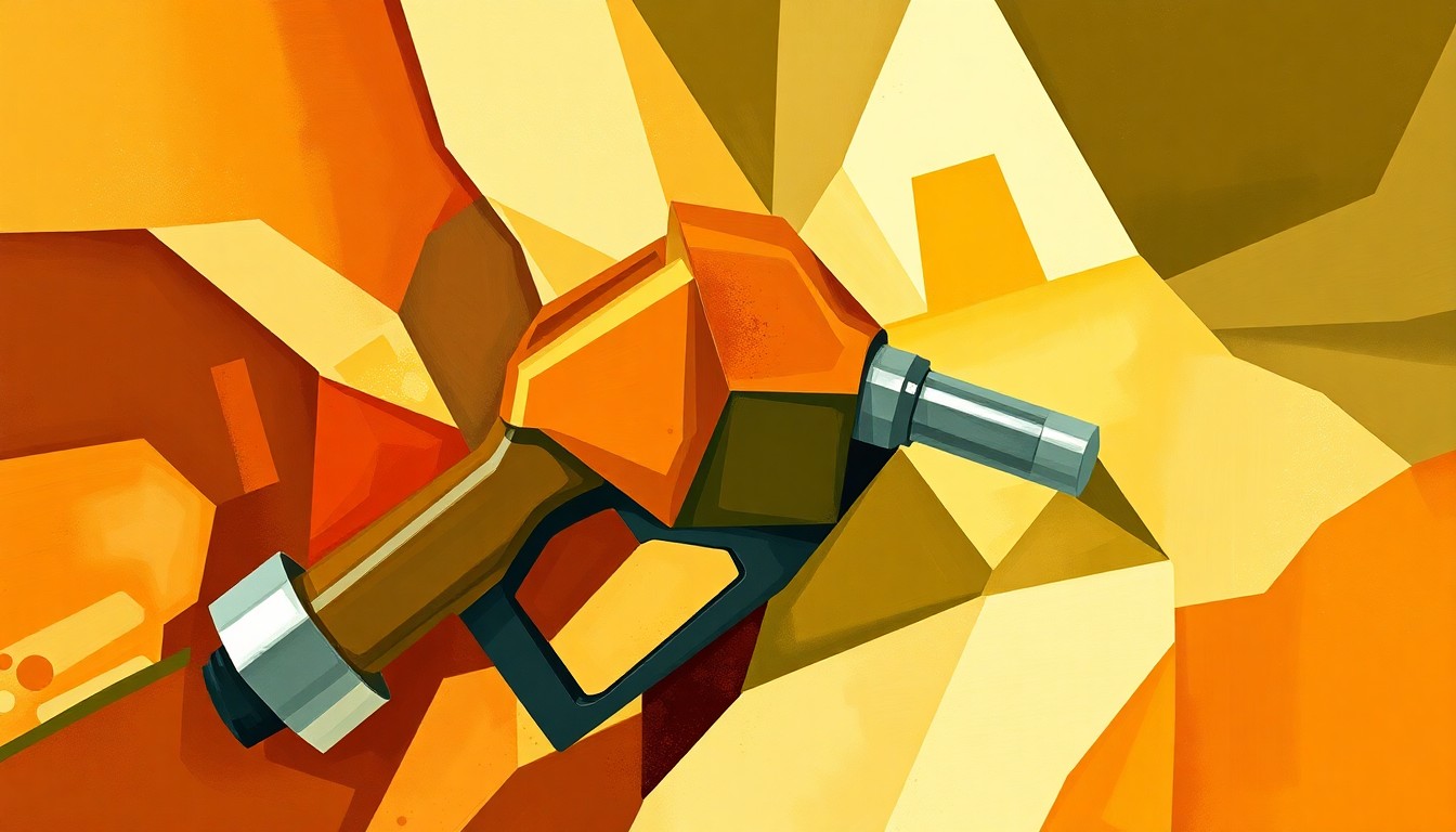 A vibrant, fragmented painting depicting a gas pump handle in overlapping geometric shapes and brushstrokes, capturing the dynamic and charged nature of the debate around rising fuel costs and environmental policies.