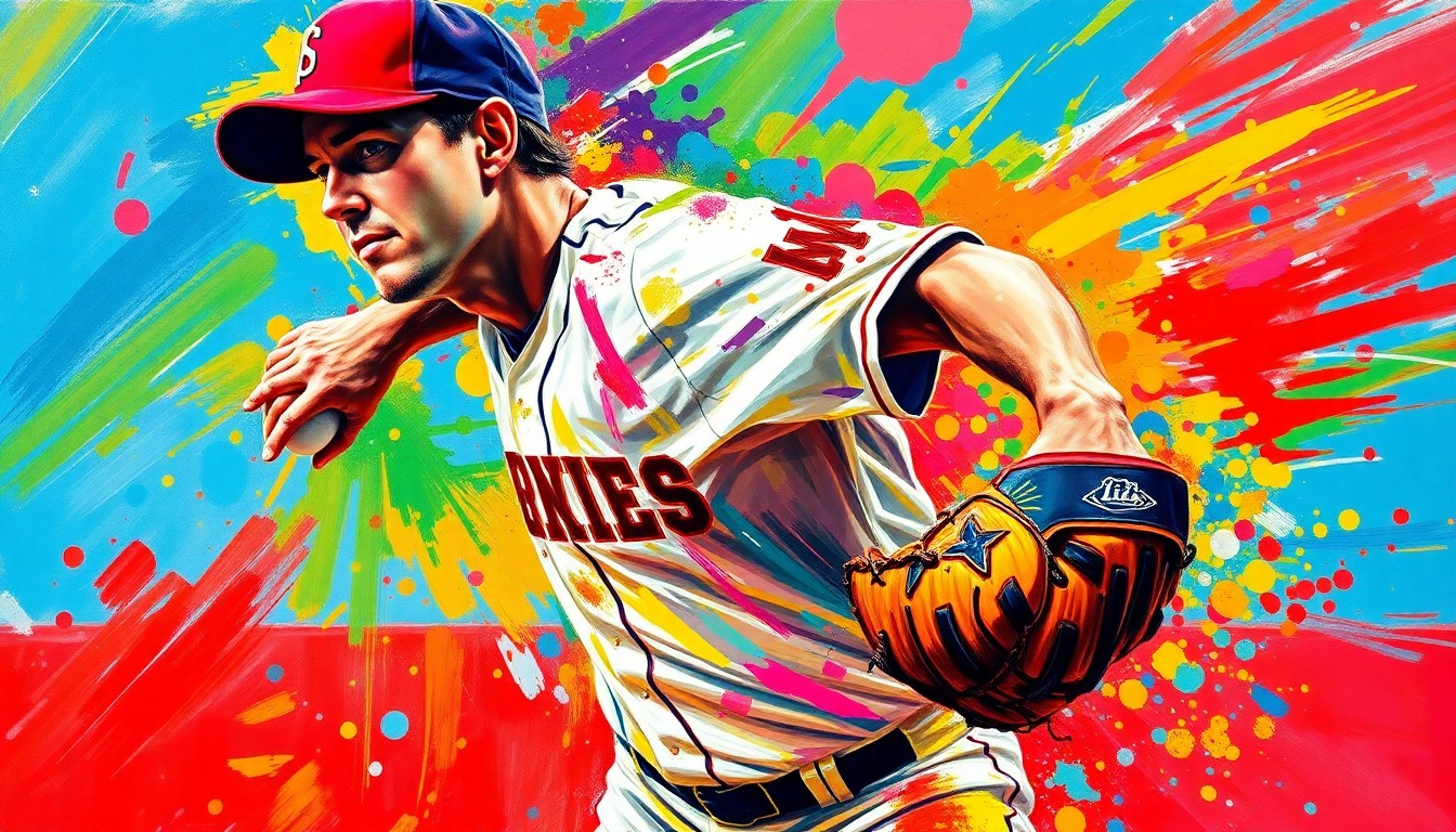 An abstract, expressionist painting depicting the explosive motion and energy of a baseball pitcher, with vibrant brushstrokes and neon colors that capture the raw athleticism of the moment.