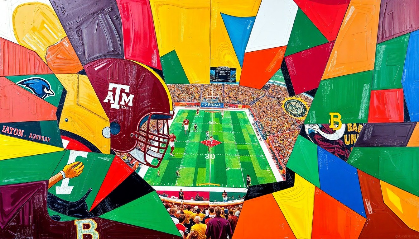 A fractured, cubist-style painting depicting the action and energy of a college football game between two teams, with sharp geometric shapes and planes in vibrant colors representing the competitive spirit of the matchup.