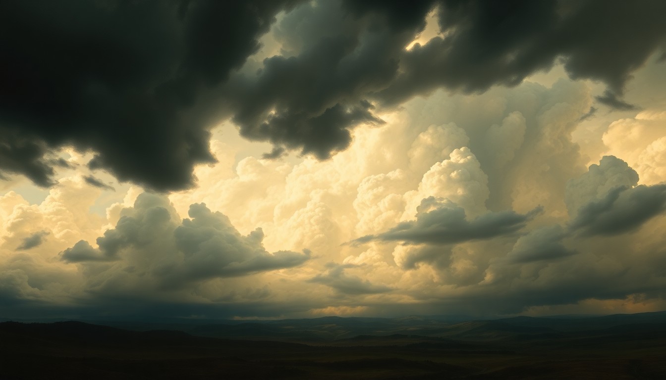 A dramatic, atmospheric landscape painting in muted tones of gray, blue, and gold, with a towering, turbulent sky dominating the scene and dwarfing any visible structures or vegetation.