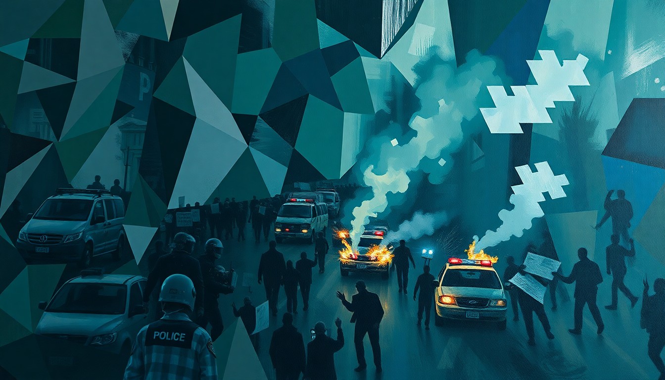 A dynamic, fragmented painting in shades of blue, green, and grey depicting a chaotic protest scene with figures, police vehicles, and billowing smoke, conveying the tension and energy of the event.
